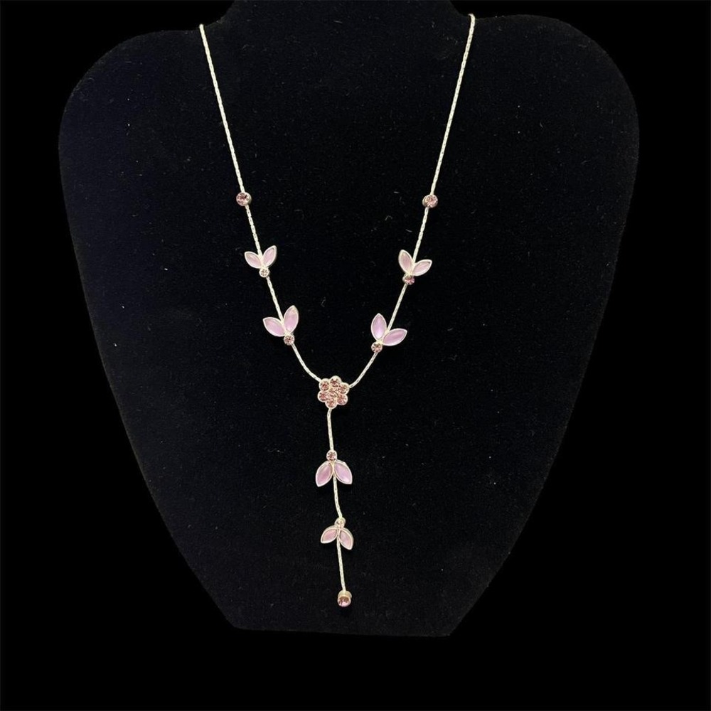 Delicate Pink Flower Leaf Y Necklace Dainty Gold‎ Tone Chain Women Jewelry